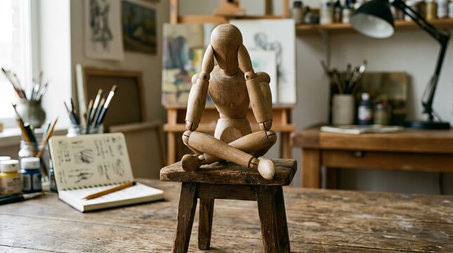 Wooden artist mannequin sitting on stool holding head inside art studio