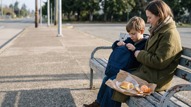 Mother and son enjoy a wholesome breakfast at a morning bus stop