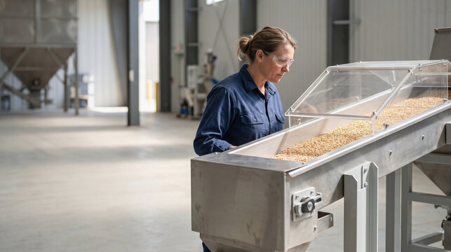Grain quality specialist inspects wheat on a modern grading conveyor
