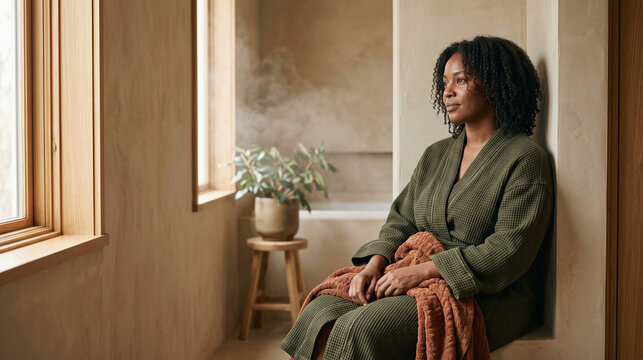 Relaxed after-wash coily curls in a warm bathroom setting