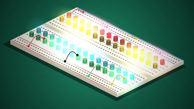 isometric glowing electronic breadboard circuit with candlestick skyline chart illumination