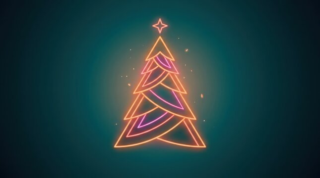 Glowing neon Christmas tree with star against dark teal background during winter celebration