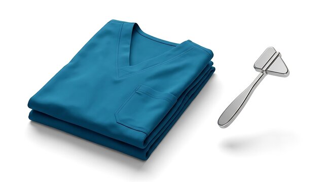 A neatly folded blue medical scrub top sits beside a shiny metal reflex hammer on a clean white background, ideal for healthcare industry design concepts