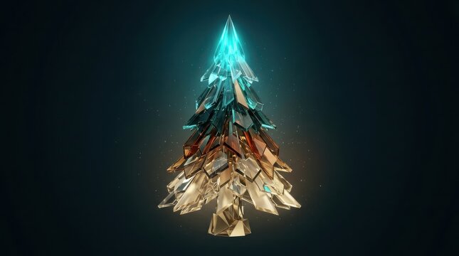 Crystal Christmas tree with glowing cyan light against dark textured background