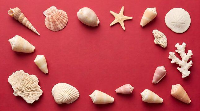 Flat Lay Frame of Tropical Sea Shells and Corals on Red Background with Copy Space