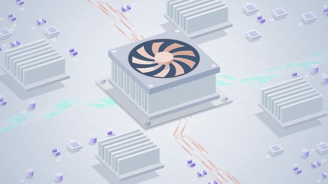 isometric cpu cooler thermal fan with heat sink ripples on motherboard electronic hardware