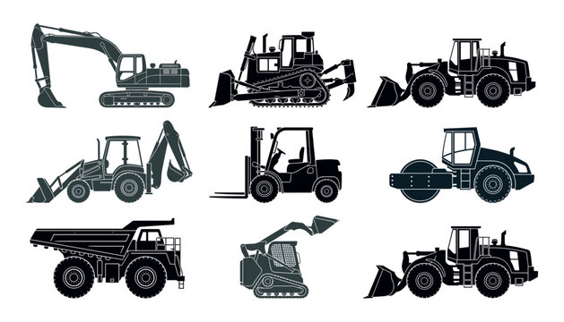 Construction machinery black silhouette collection. Excavator, bulldozer, loader, backhoe, forklift, road roller, dump truck and heavy equipment elements.