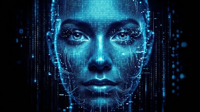 A futuristic digital portrait of a woman with a pixelated face and blue circuitry