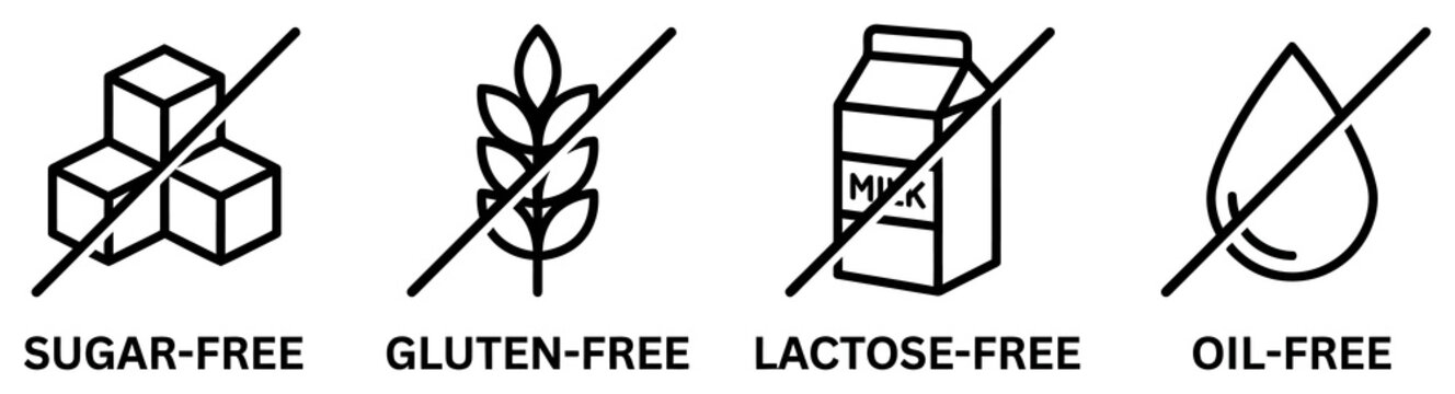 Allergen free label icons sugar gluten lactose and oil free
