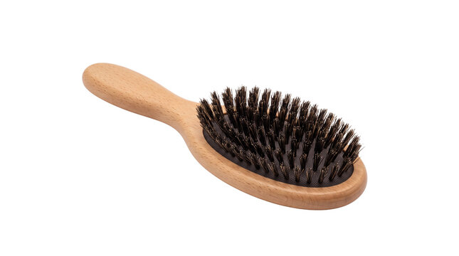 Natural wooden hairbrush with dark bristles, professional grooming tool for hair care, eco-friendly bamboo brush for styling and detangling. isolated PNG with Transparent Background