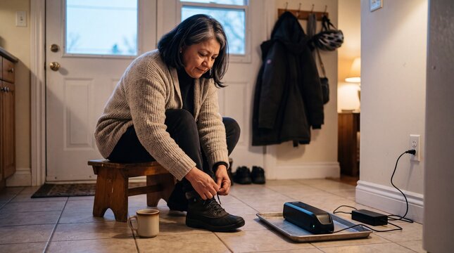Woman lacing boots as e-bike battery charges on tray by back door