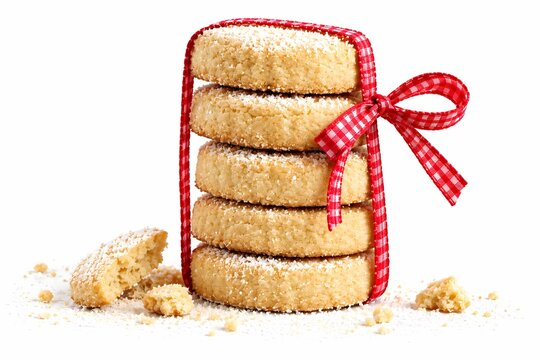 A stack of traditional Christmas shortbread cookies, tied with a red-and-white checkered ribbon and surrounded by crumbs, resting on a white surface
