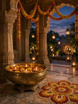 Diwali Oil Lamps Glowing in an Ornate Temple Courtyard at Dusk