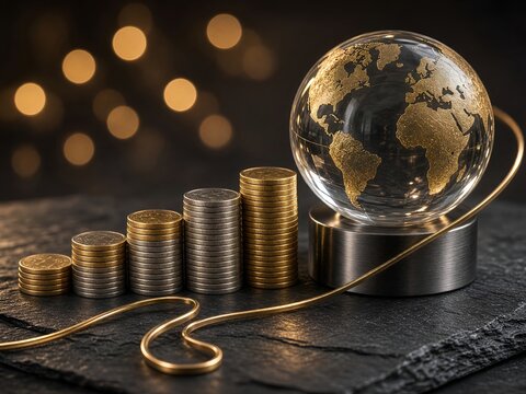 Crystal Globe with Stacked Gold Coins on Dark Stone Surface