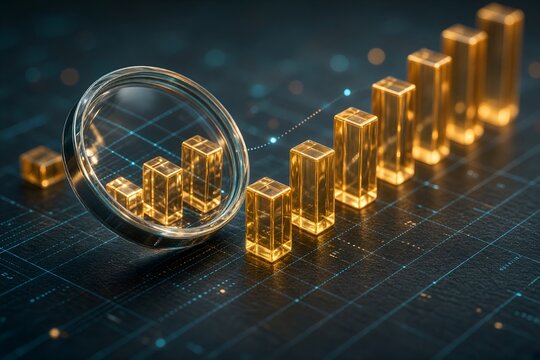 Magnifying Glass Revealing Golden Bar Chart Growth on Dark Background