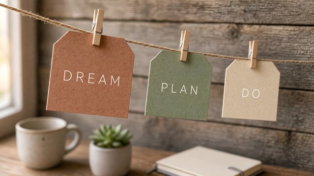 Motivational Tags Hanging on a String with Dream, Plan, and Go