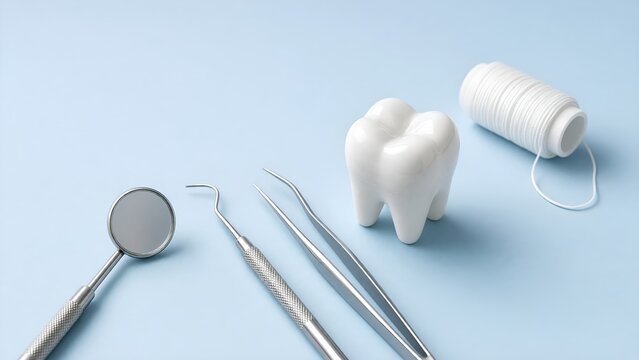 Dental Tools, Tooth Model, and Floss Arranged on Blue Background