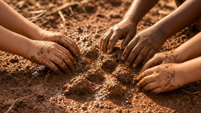 Hands Digging and Planting Seeds Together in Rich Brown Soil