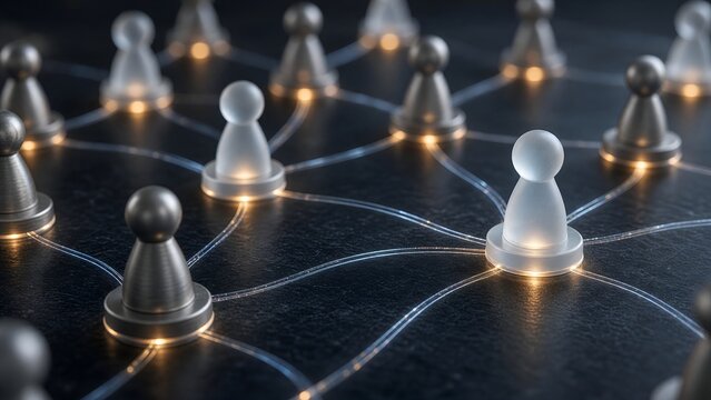 Glowing Pawn Network Connecting Strategic Nodes on Dark Surface