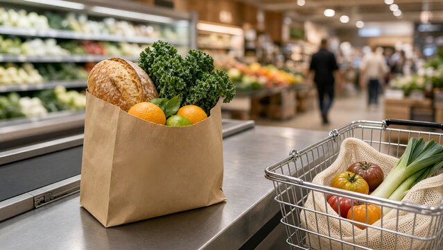 Fresh Grocery Bag on Checkout Counter with Produce in Store