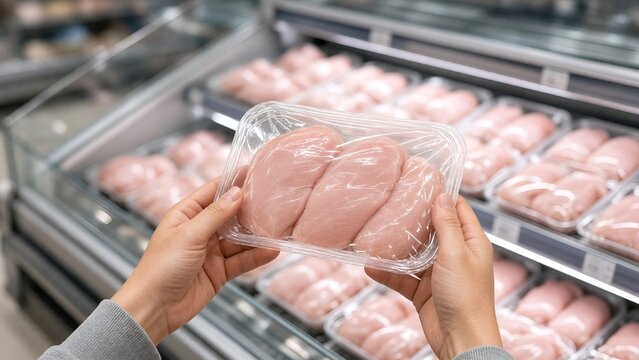 Customer Holding Fresh Packaged Chicken Breast in Grocery Store Freezer
