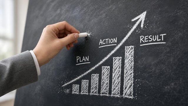 Businessman Drawing Plan, Action, and Result Growth Chart on Blackboard