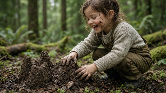 Young Girl Playing in Forest Mud, Building Structures with Pure Joy