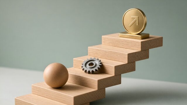Wooden Stair Steps with Gear, Sphere, and Golden Coin Representing Growth