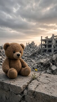 Lonely Teddy Bear Sitting Among Ruins Under Cloudy Sky at Dusk