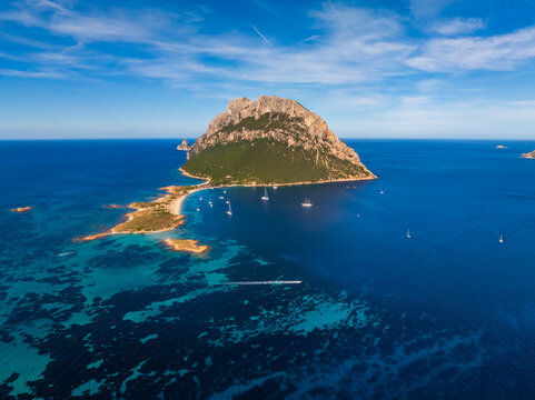 Aerial panoramic view of Tavolara island in Sardinia, Italy