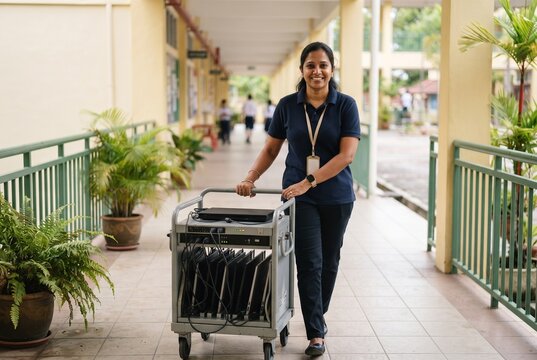School IT technician wheeling a laptop cart along a sunny corridor