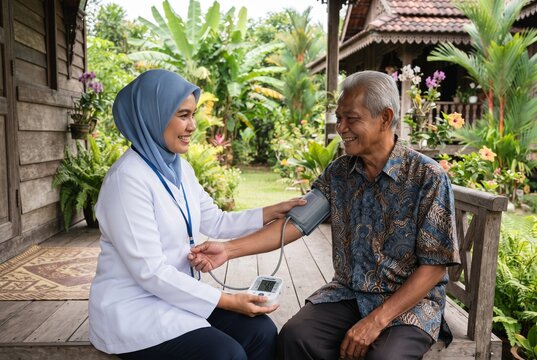 Community nurse checking an elderly man's blood pressure at home