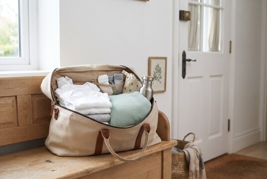 Packed maternity hospital bag ready by the front door