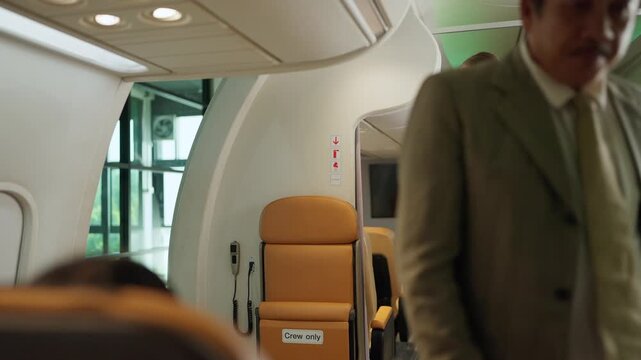Female flight attendant assists passengers. She smiles warmly, gesturing politely. Passengers look pleased, engaged with her service. Ideal for travel