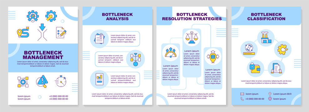Optimizing workflow efficiency systems blue brochure design template. Enhancing process optimization. Identifying corporate performance. Multi-page vector layout. A4 flyer with colored line icons