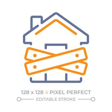 Evictions pixel perfect duotone line icon. Legal forced removal of tenant. House with crossed boards. Real estate management. Actions with property. Bicolor linear graphic. Two-color outline pictogram