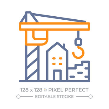 Construction site pixel perfect duotone line icon. Tower crane working with building materials. Urban infrastructure development. Bicolor linear graphic. Two-color outline pictogram