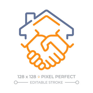 House contract pixel perfect duotone line icon. Handshake against sold building. Real estate selling management. Property rental deal. Bicolor linear graphic. Two-color outline pictogram