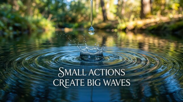 Water droplet falling into calm water creating ripples, symbolizing impact and change