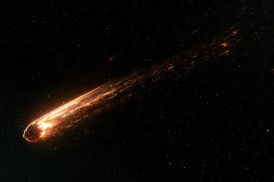 Orange comet meteor streaking through deep black space with glowing sparks and a long fiery trail, cosmic speed motion concept design artwork