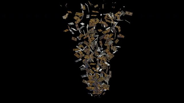 High-quality 3D visual effect of US one-dollar bills swirling into a dynamic V-shaped tornado vortex, isolated on an alpha channel background. Perfect for financial concepts, wea