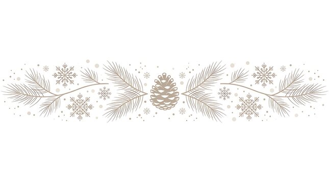 Christmas winter floral decorative border with pine branches, pinecone and snowflakes on white background