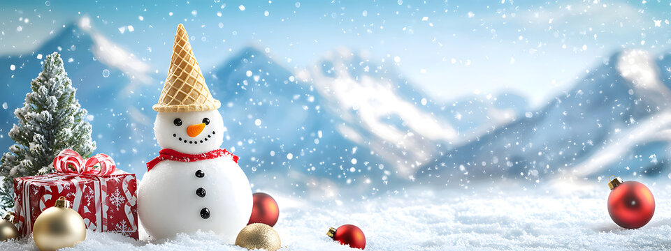 Snowman with a waffle cone on his head in a snowy meadow with a gift box and Christmas tree decorations against a backdrop of snow-capped mountains