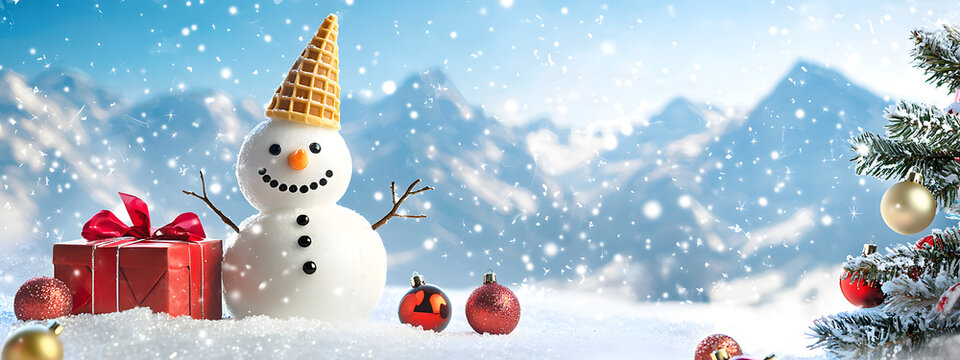 Snowman with a waffle cone on his head in a snowy meadow with a gift box and Christmas tree decorations against a backdrop of snow-capped mountains