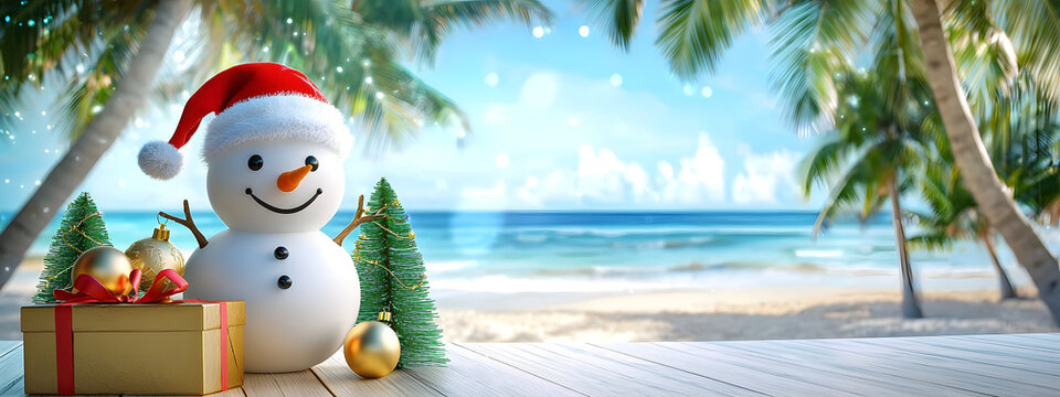 Snowman with gift boxes and Christmas tree baubles on a tropical beach with palm trees against a backdrop of the ocean and clear sky