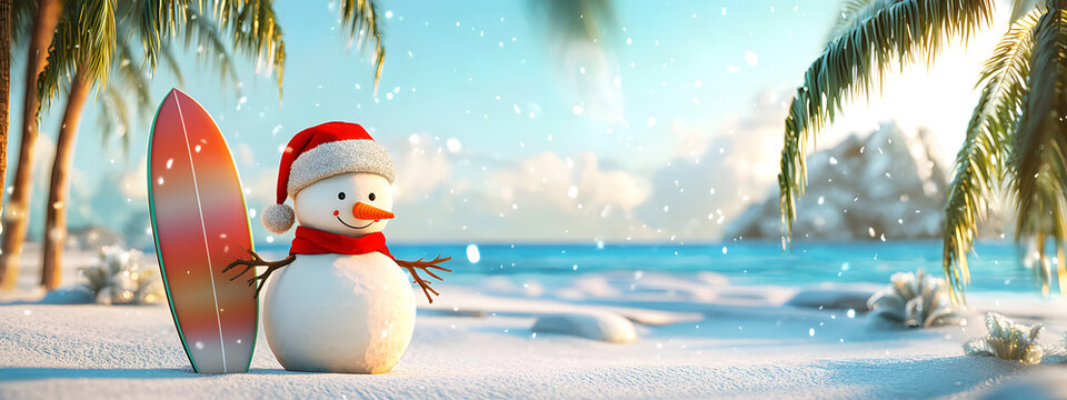 A snowman with a surfboard on a snowy tropical beach against a backdrop of the ocean and clear sky