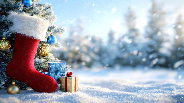 A red sock with gift boxes near a decorated Christmas tree in a snowy meadow against a backdrop of a snow-covered forest