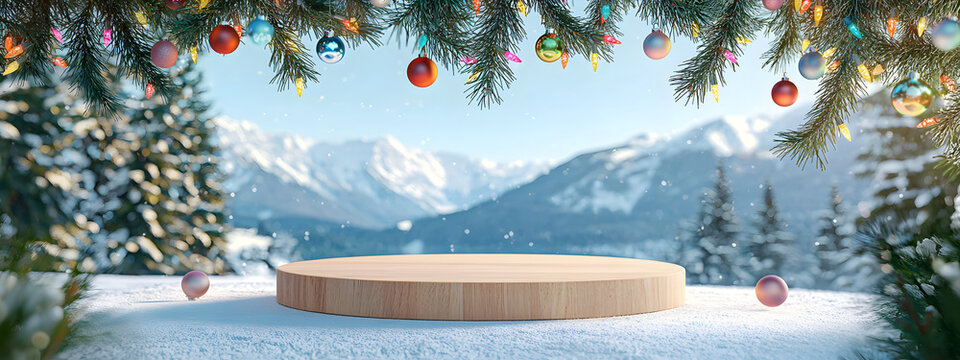 A round wooden podium in a snowy meadow surrounded by fir branches and Christmas tree baubles against a backdrop of snow-capped mountains