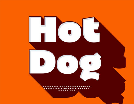 Vector Promotion poster Hot Dog. Trendy Bright 3D Font with Big Shadow. Unique Cool set of Contemporary Bold Alphabet Letters and Numbers.