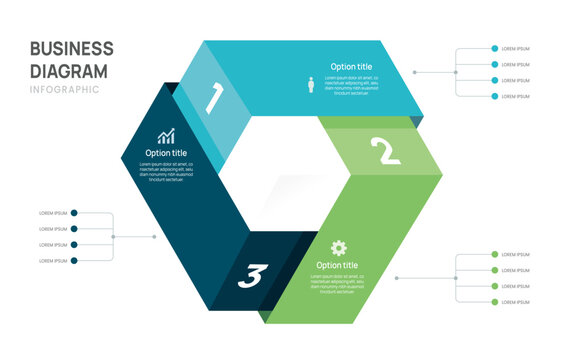 Business cycle infographic with 3 connected hexagon arrow steps, workflow diagram, icons and presentation elements vector illustration.